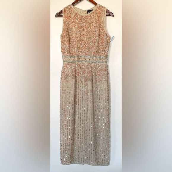 $398 Mac Duggal 10509 Midi Sheath SequinCocktail Dress in Nude 214/090 - Picture 2 of 15